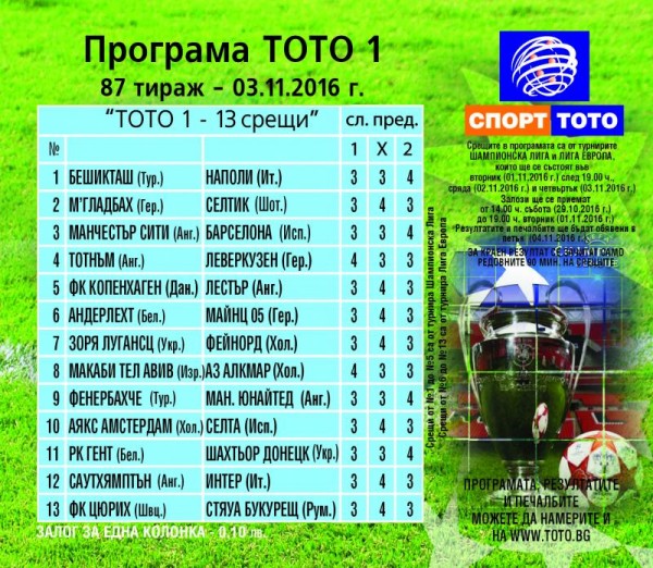 ТИРАЖ №87 В ТОТО 1 - 13 СРЕЩИ