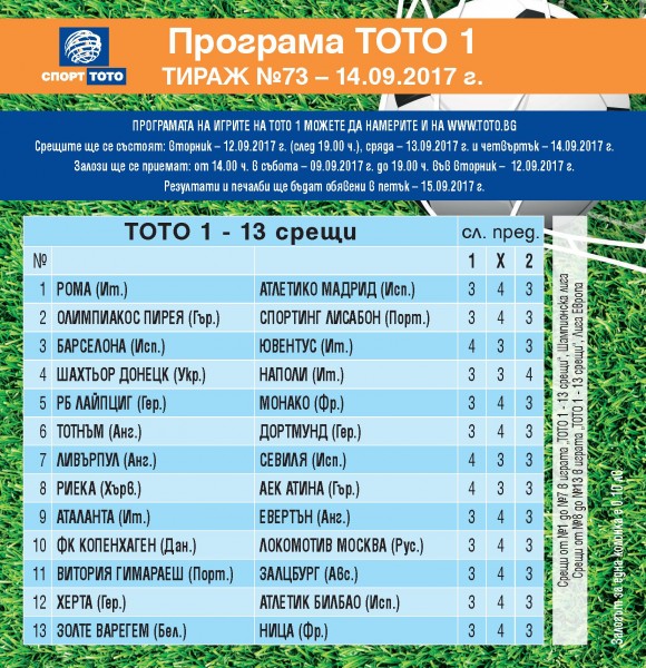 Футболни срещи от Шампионска лига и Лига Европа в тираж №73 на Тото 1