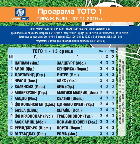 Футболни срещи от Шампионска лига и Лига Европа в тираж №89 на „Тото 1 - 13 срещи“